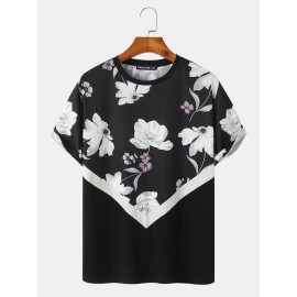 Mens Floral Print Black Crew Neck Short Sleeve Street T-Shirt