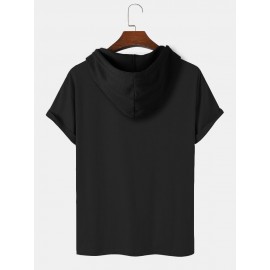 Mens Japanese Wave Print Short Sleeve Drawstring Hooded T-Shirts