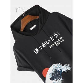 Mens Japanese Wave Print Short Sleeve Drawstring Hooded T-Shirts