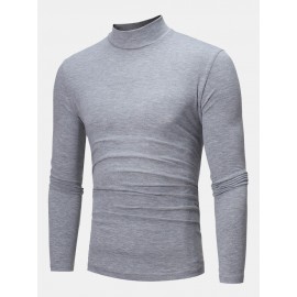 Mens Plain Pure Color Half Collar Cotton Basics Long Sleeve Bottoming T-Shirts