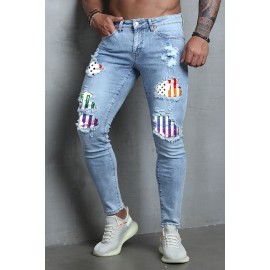 Sky Blue Men Stripes and Stars Print Ripped Skinny Jeans