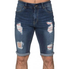 Sky Blue Men's Baseball Pattern Patchwork Skinny Distressed Jeans