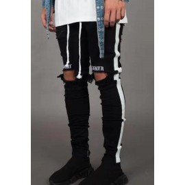 Black Letter Striped Print Ripped Slim-fit Men's Jeans