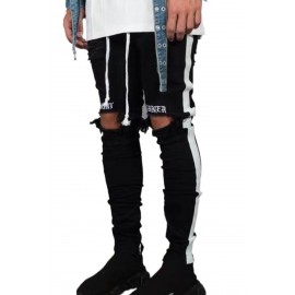 Black Letter Striped Print Ripped Slim-fit Men's Jeans