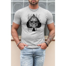 Gray Skull Spade Print Short Sleeve Men's Graphic Tee