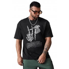 Black Skeleton Gesture Letter Print Men's Oversized Tee