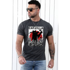 Gray Catzilla Cat Graphic Print Short Sleeve Men's T Shirt