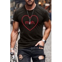 Black meh. Heart Shaped Print Crewneck Short Sleeve Men's Tee