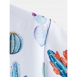 Mens All Over Cactus Pattern Lapel Short Sleeve White Shirt