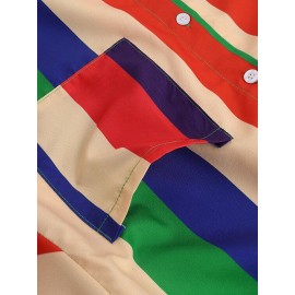 Mens Cool Rainbow Striped Patch Pocket Short Sleeve Shirts