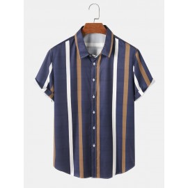 Mens Vertical Striped Button Up Casual Short Sleeve Shirts